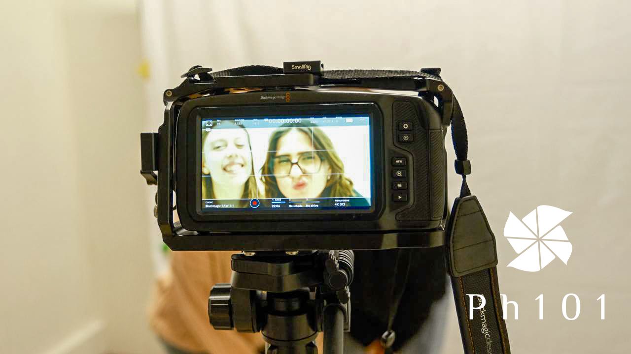 Professional video camera recording screen displays footage during a production shoot.