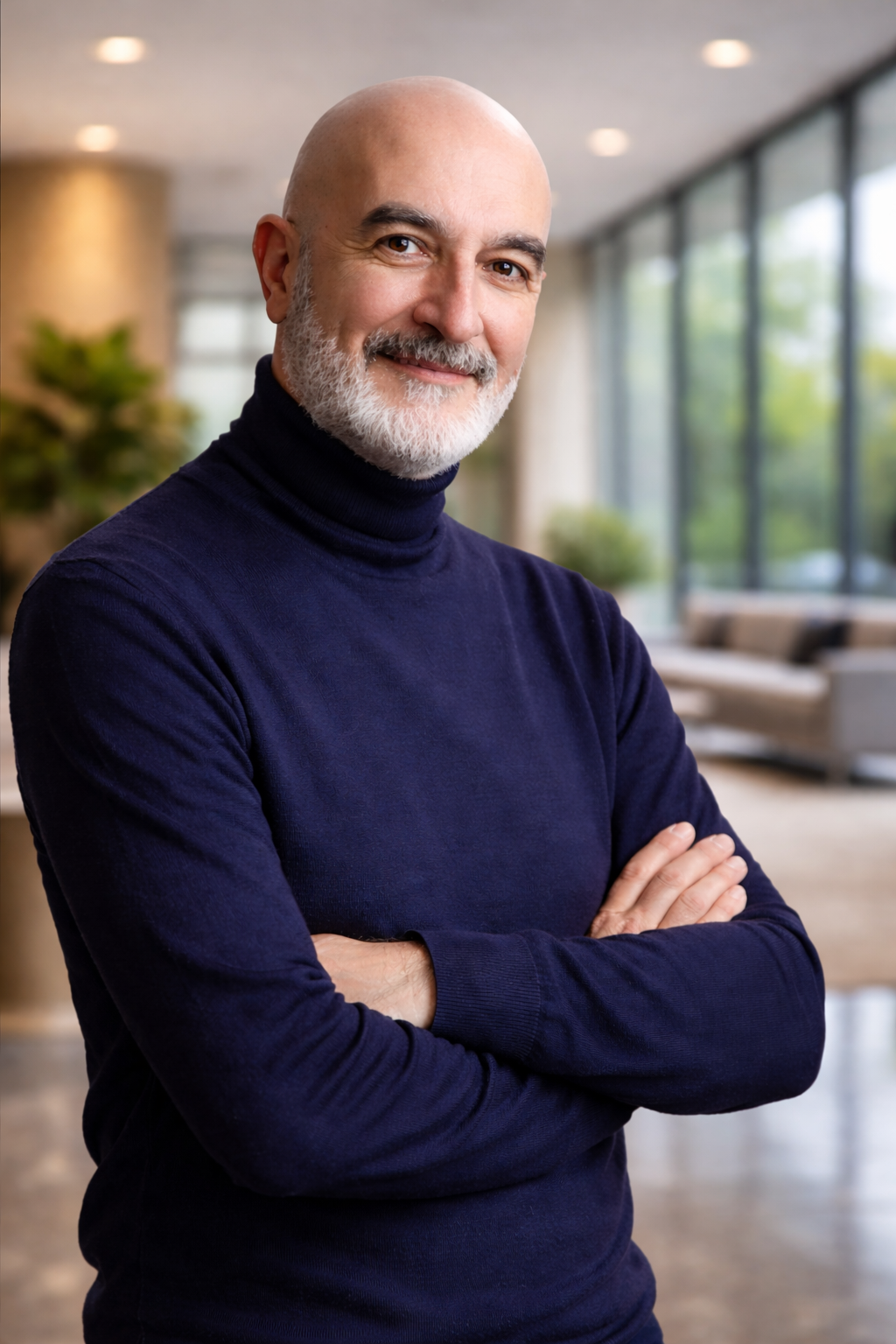 Professional portrait series showing a person in a navy turtleneck sweater against a bright modern office background.