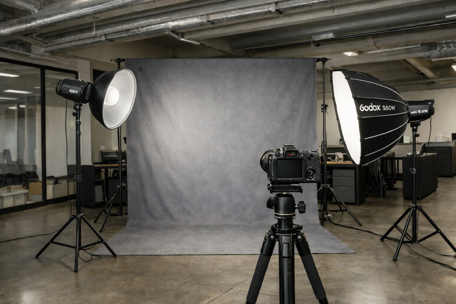 Professional photography studio setup with lighting equipment, cameras, and seamless backdrop paper.