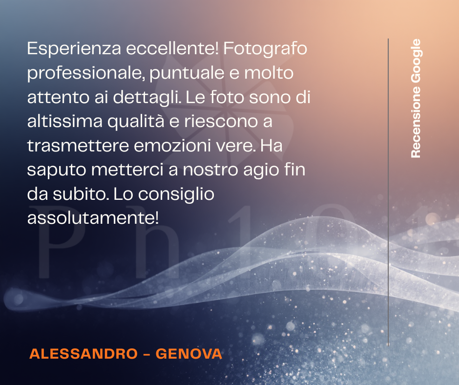Dark blue gradient background with Italian text testimonial and orange signature line for photography services in Genova.