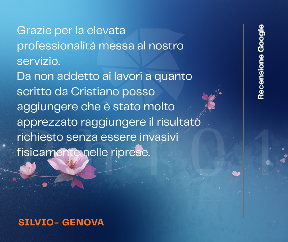 Google review from Silvio, Genova praising professional service quality, displayed on blue floral background.