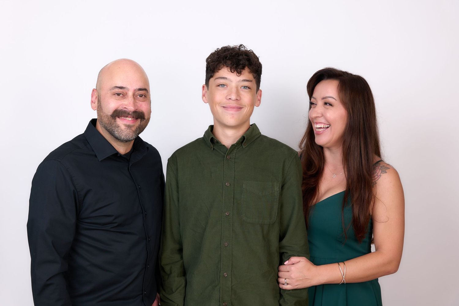 Group portrait series showing three people in casual attire against white background.