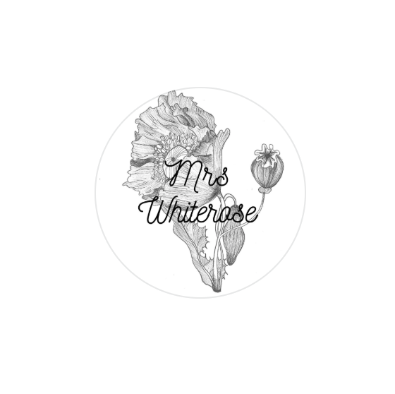 Elegant monochrome logo design featuring floral illustration and Mrs Whitehouse text.