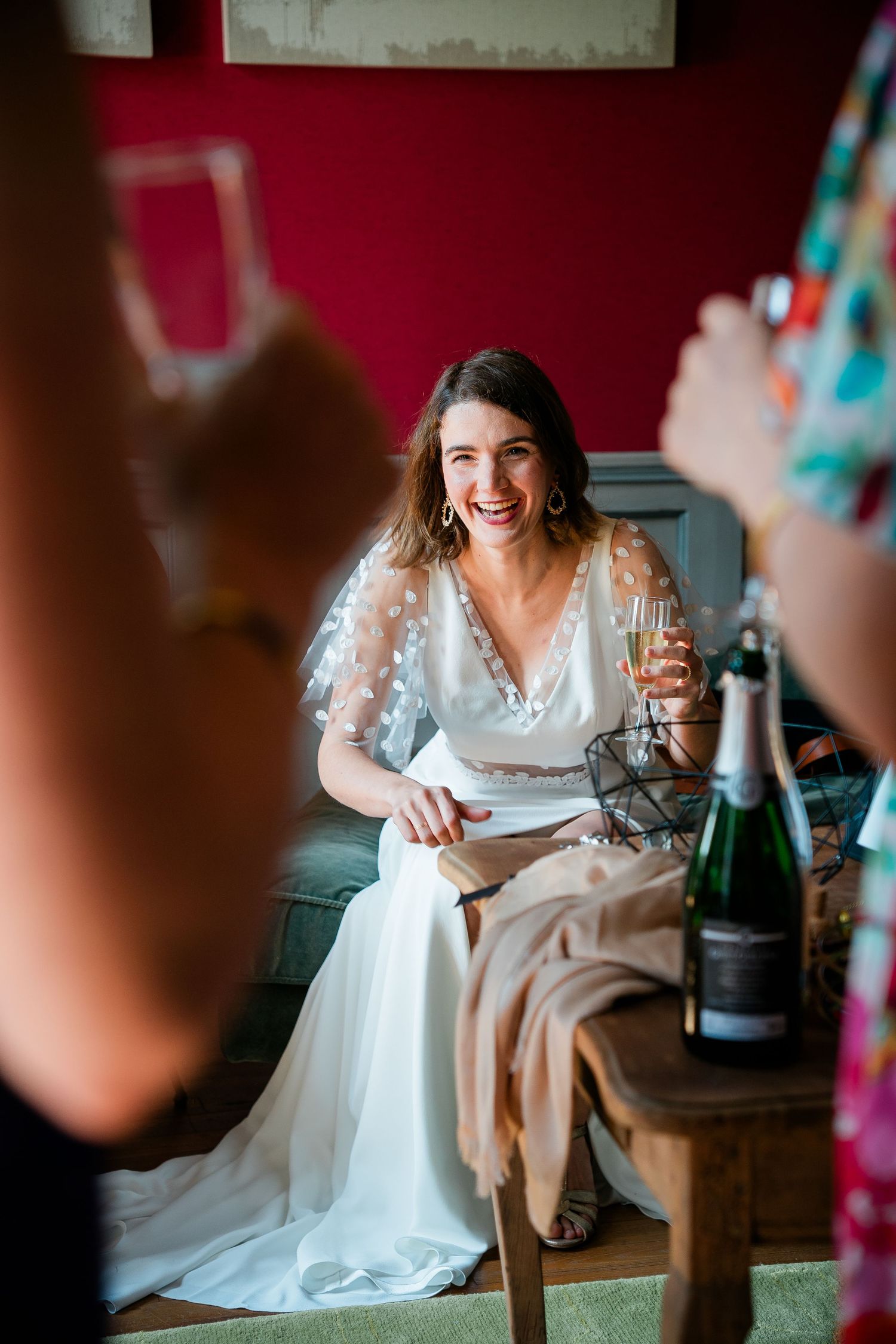Wedding celebration in a rustic indoor setting with vintage decor.