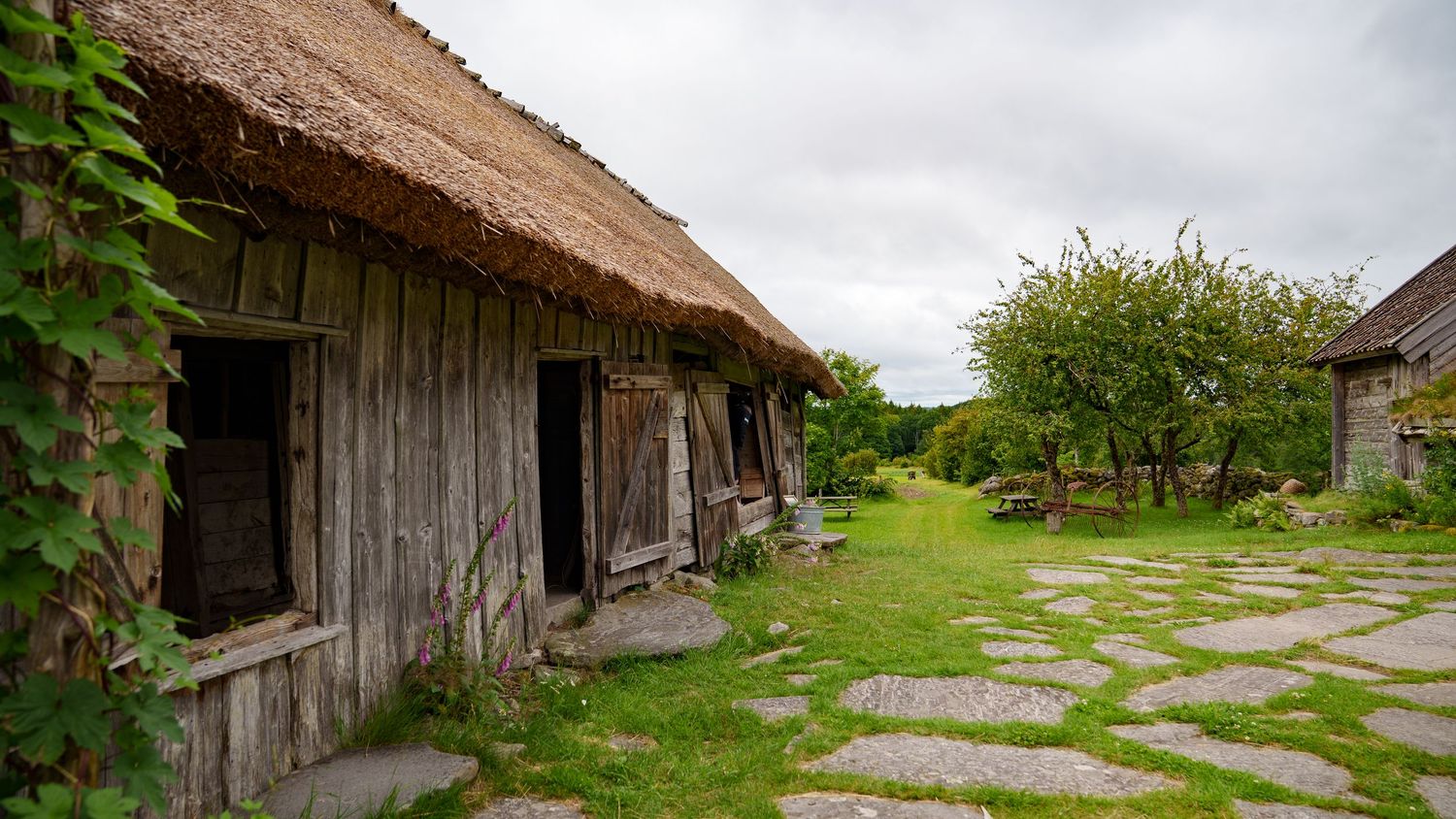A rustic wooden barn with weathered siding stands along a stone pathway surrounded by lush green grass and trees.