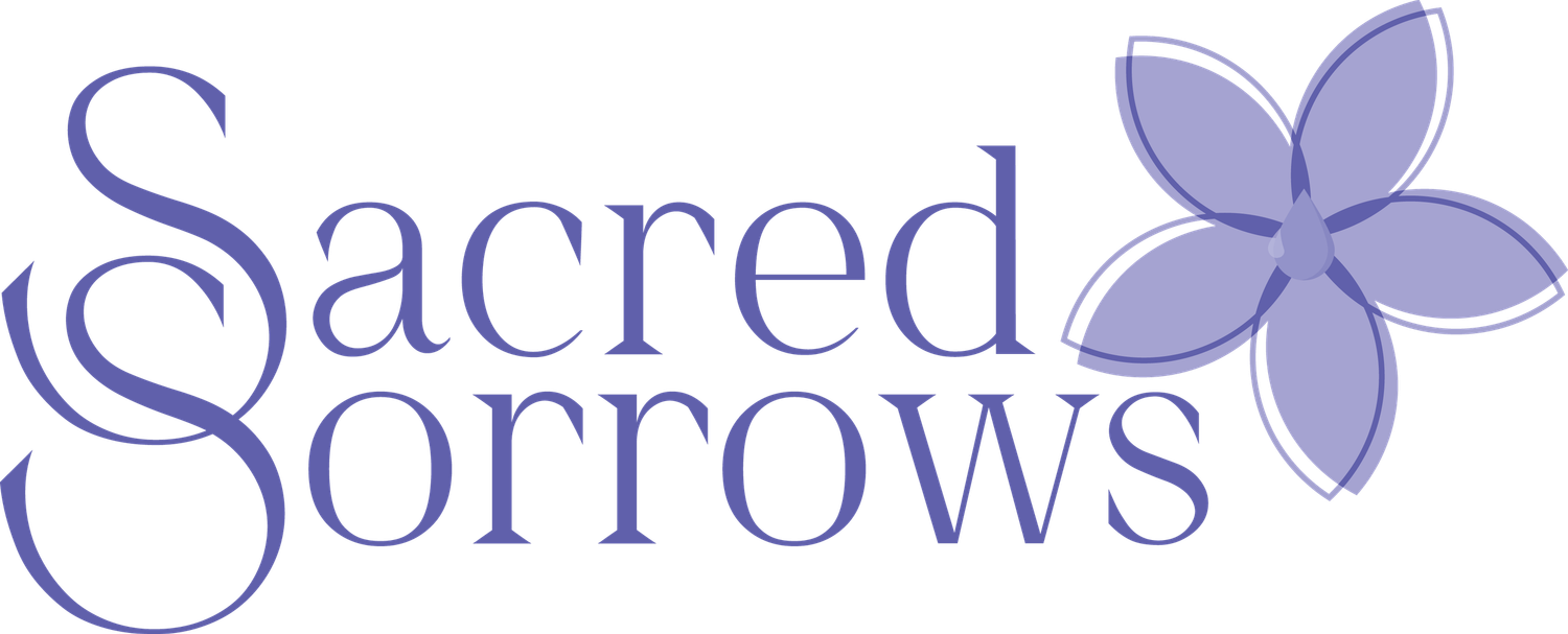 Purple text reading Sacred Sorrows with a lavender flower design element.