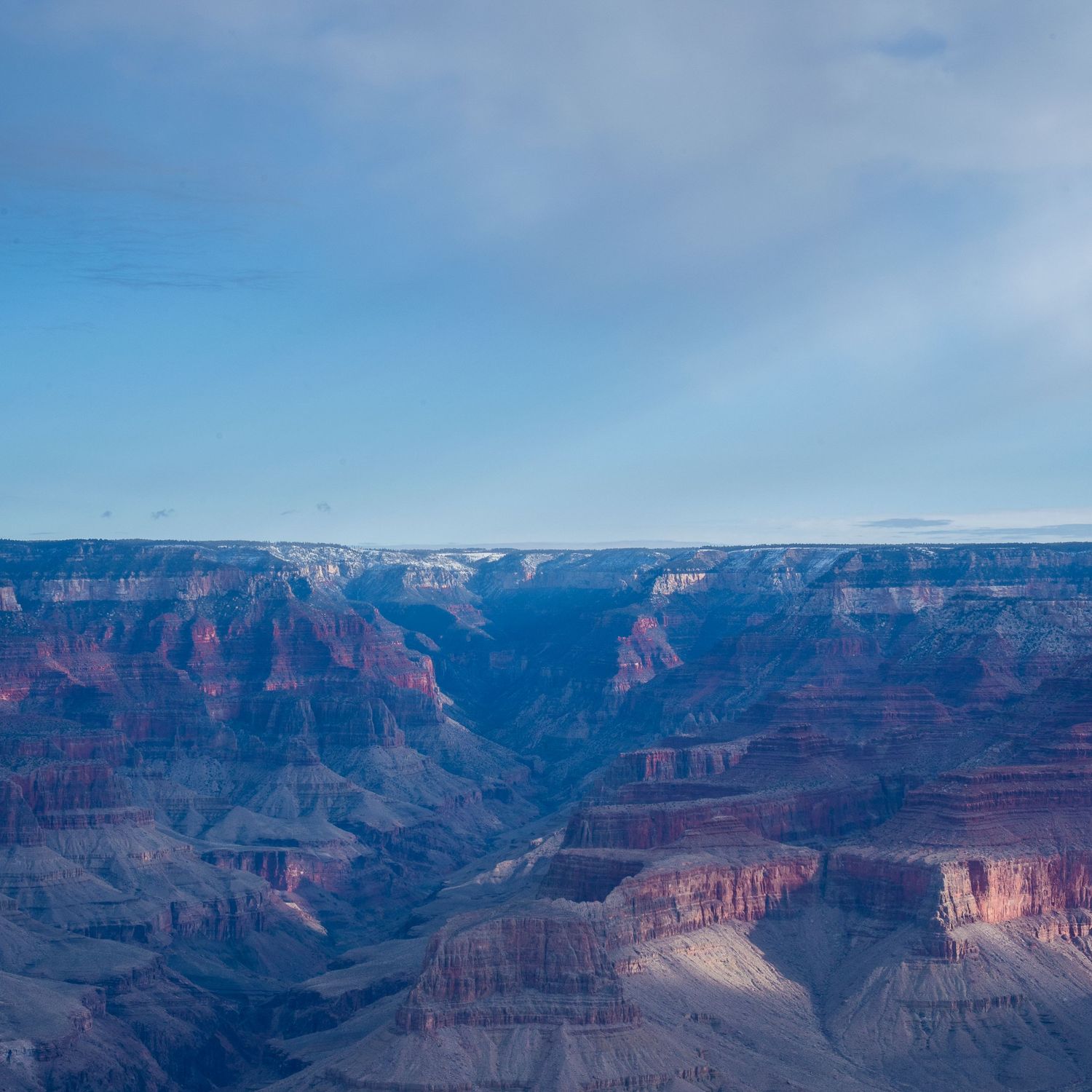 Panoramic view of the Grand Canyon's majestic red cliffs under blue skies.