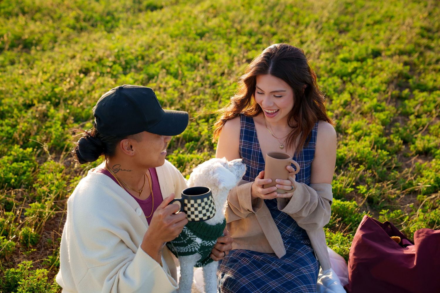 A sequence of photos showing a marriage proposal taking place in a sunny green field.