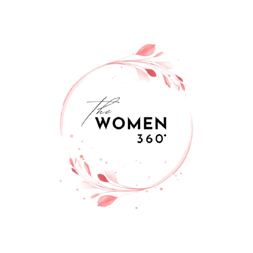 Pink and white floral design with circular elements and text reading 'WOMEN 360' on a light background.