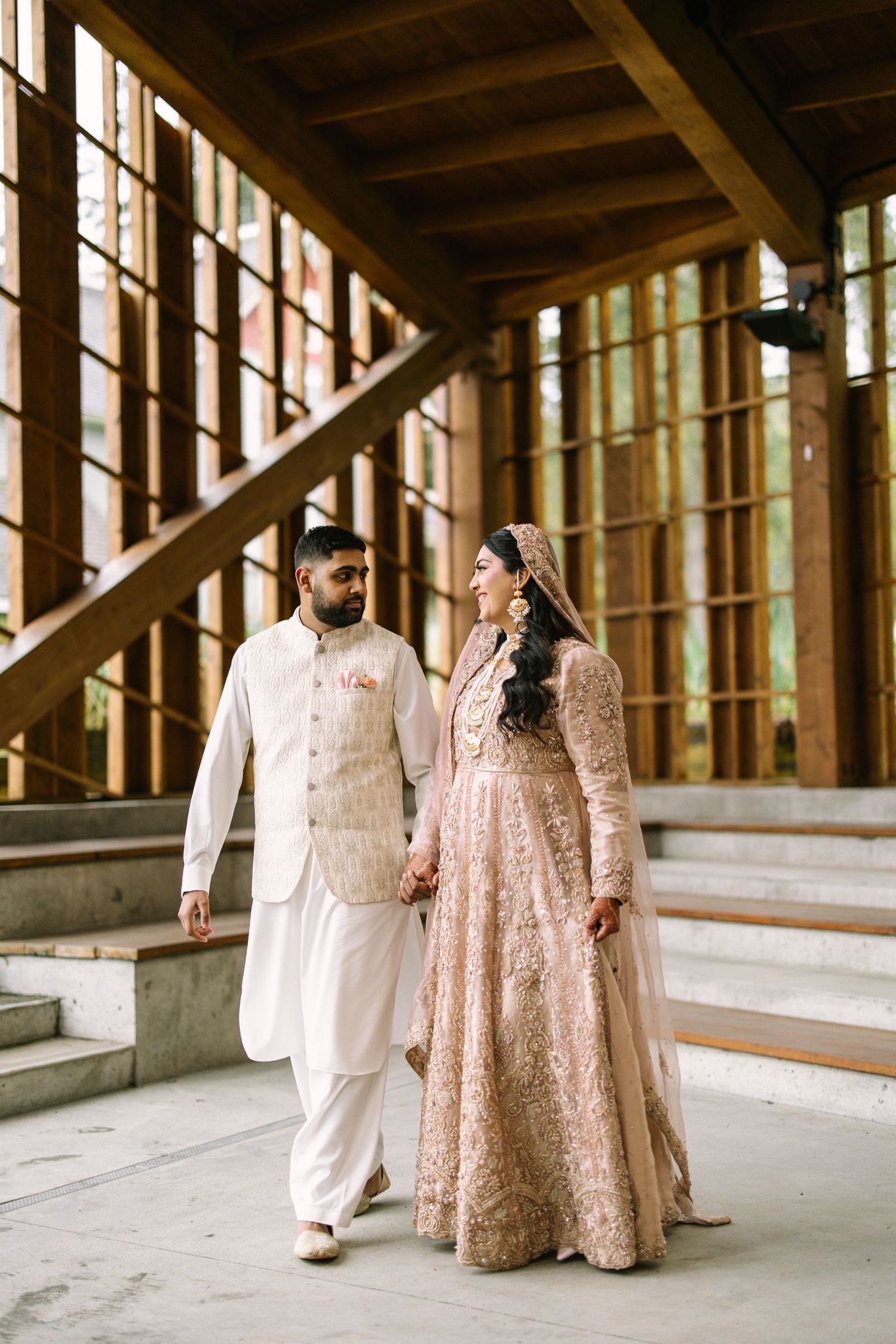 Muslim bride and groom walking together park portraits and couple shoot