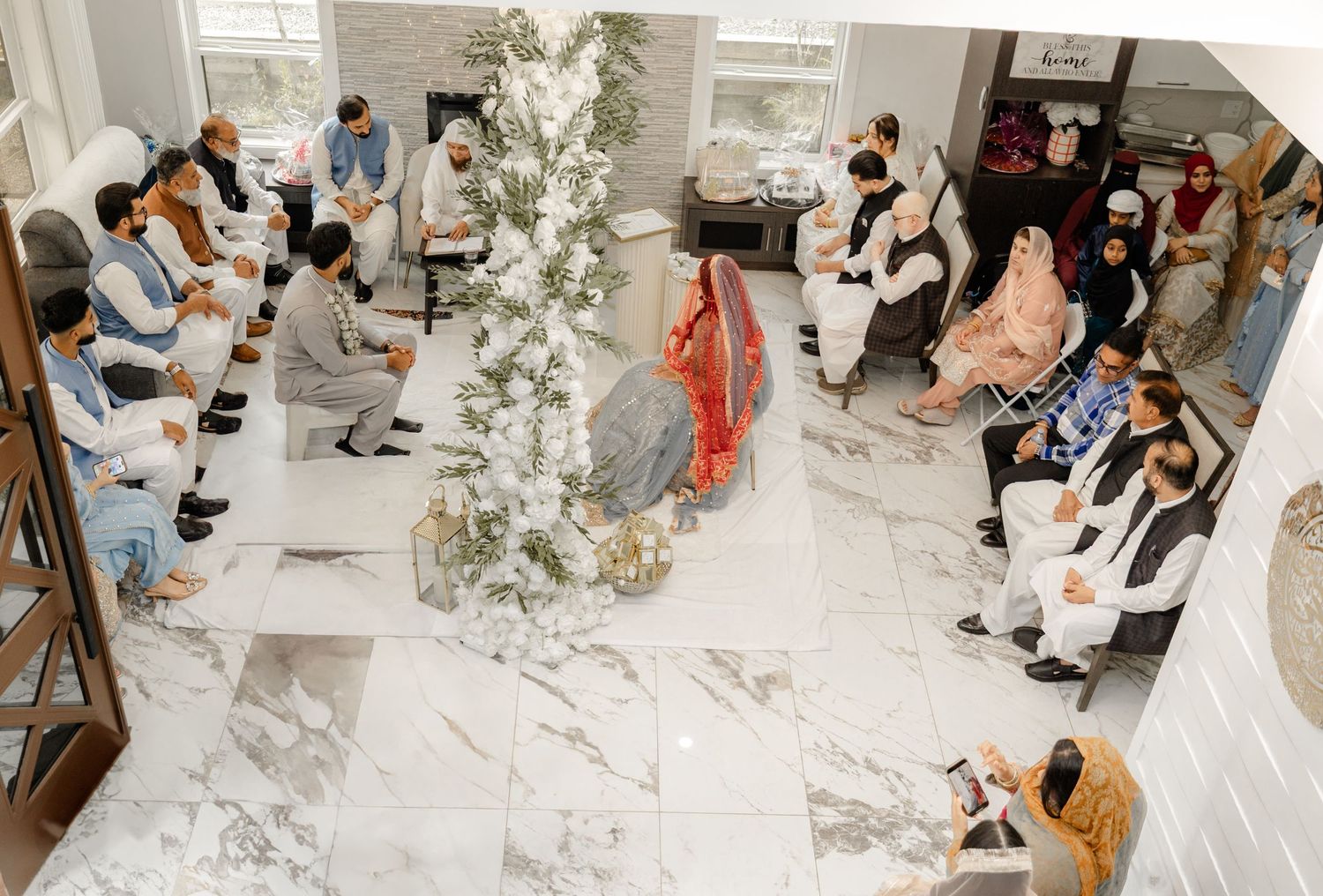 Overhead view of Nikah ceremony with guests seated, Muslim wedding Vancouver