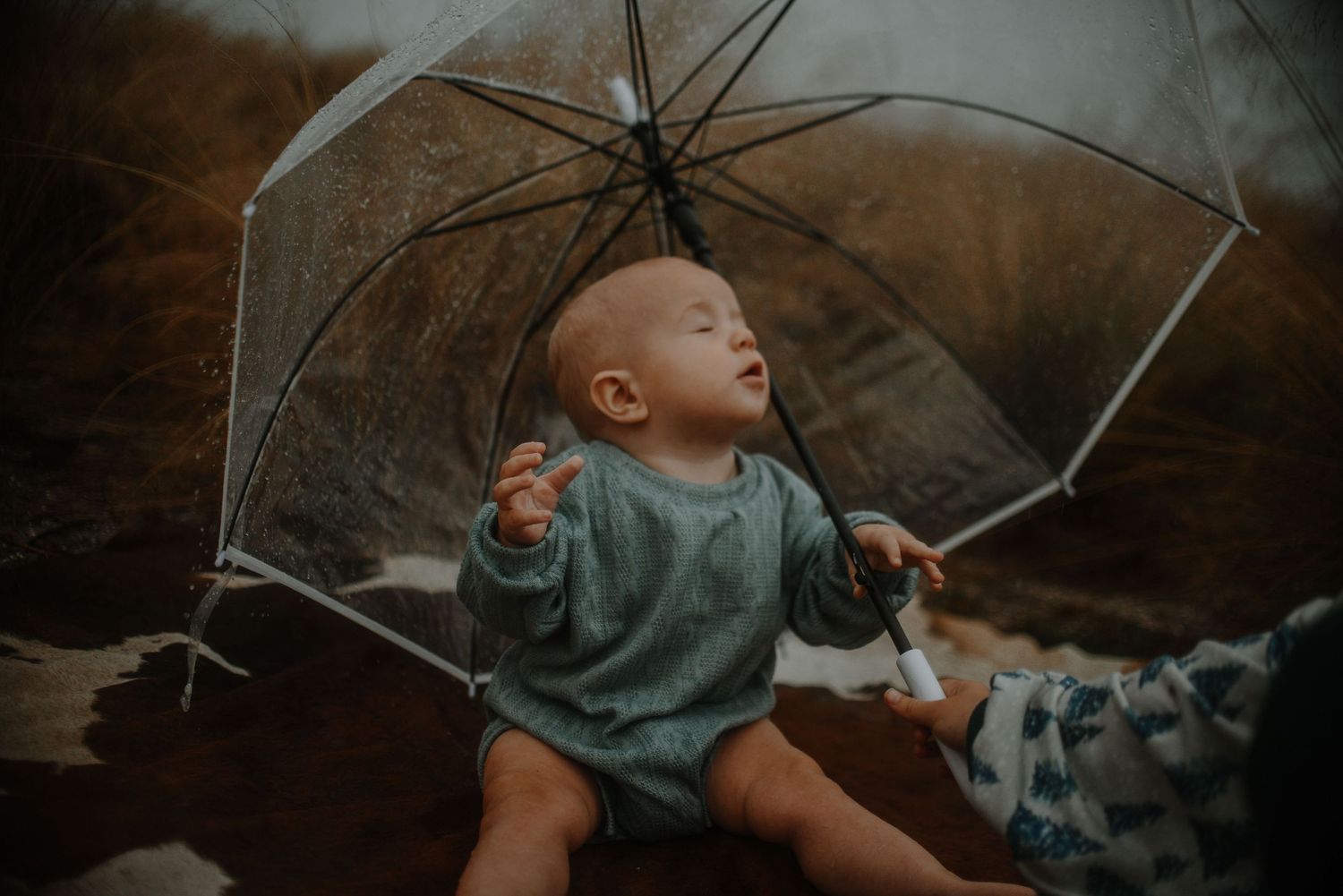 Small child plays with clear umbrella in moody outdoor setting.