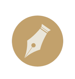 Cream fountain pen nib icon on a tan circular background, symbolizing writing, calligraphy, and authorship.