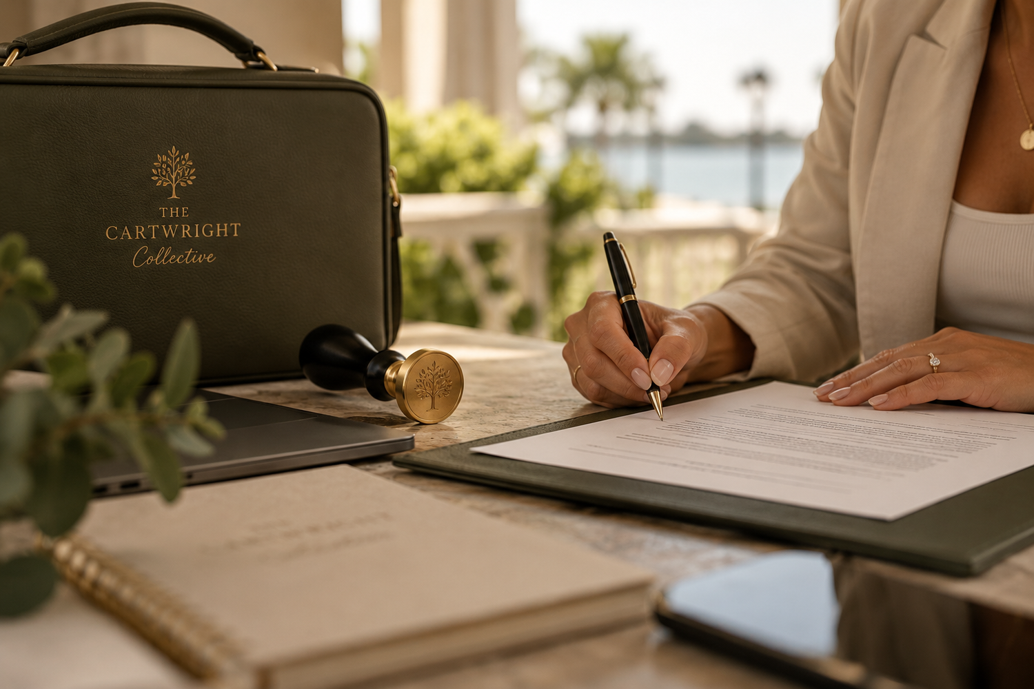 Person in a beige blazer signing a document on a clipboard beside a wax seal stamp and a green Cartwright Collection case near a waterfront.