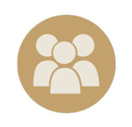 Circular tan icon featuring three cream-colored silhouettes of people grouped together, symbolizing a team, community, or group.