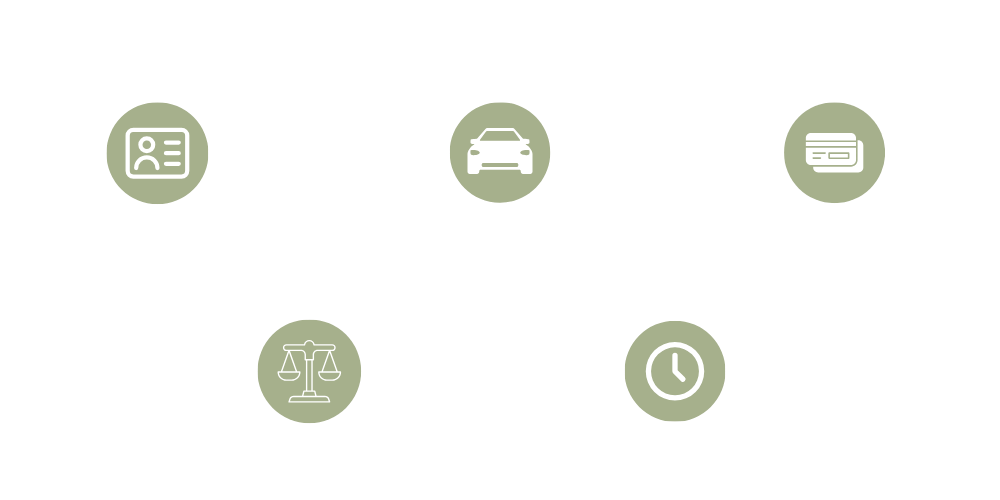 Five olive green circular icons showing an ID card, a car, a credit card, a balance scale, and a clock on a white background.