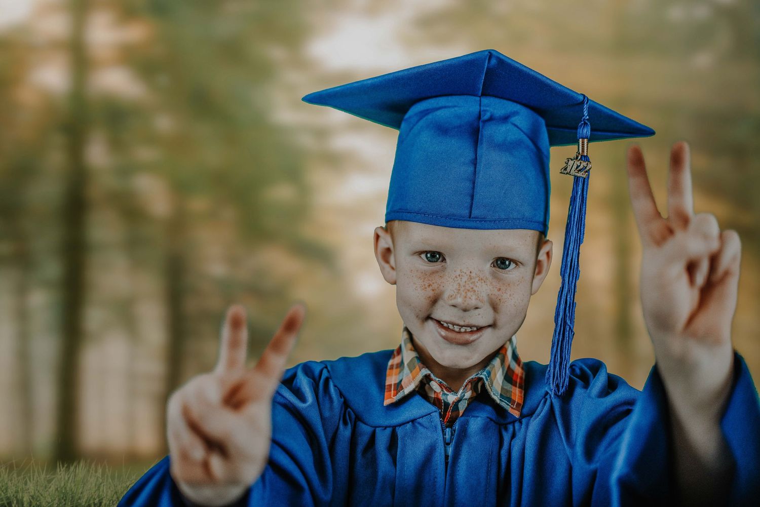 Series of graduation photos showing celebration in bright blue cap and gown.