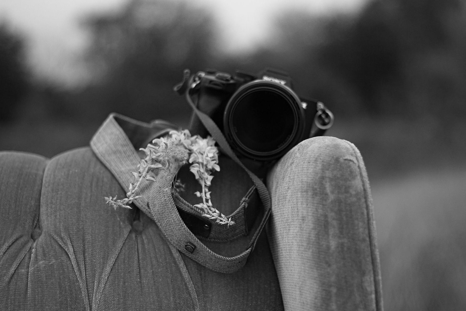 A vintage camera lens being held against a blurred natural background.