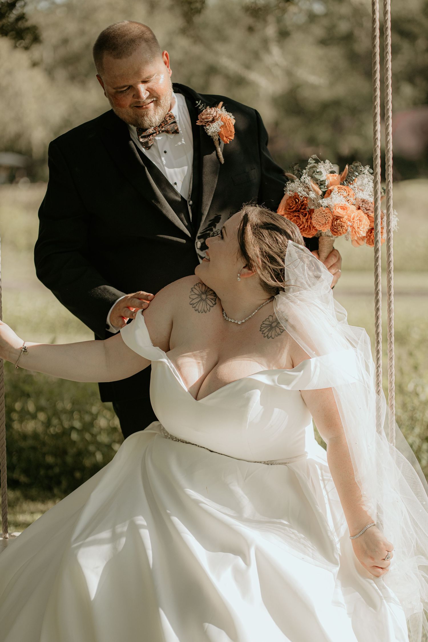 Romantic wedding sequence showing couple sharing intimate moments on swing.