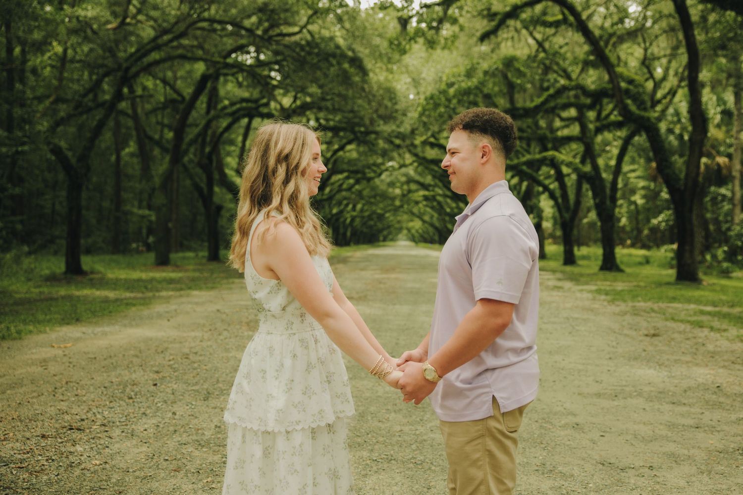 Romantic outdoor engagement photos at Wormsloe Historic Site in Savannah Georgia