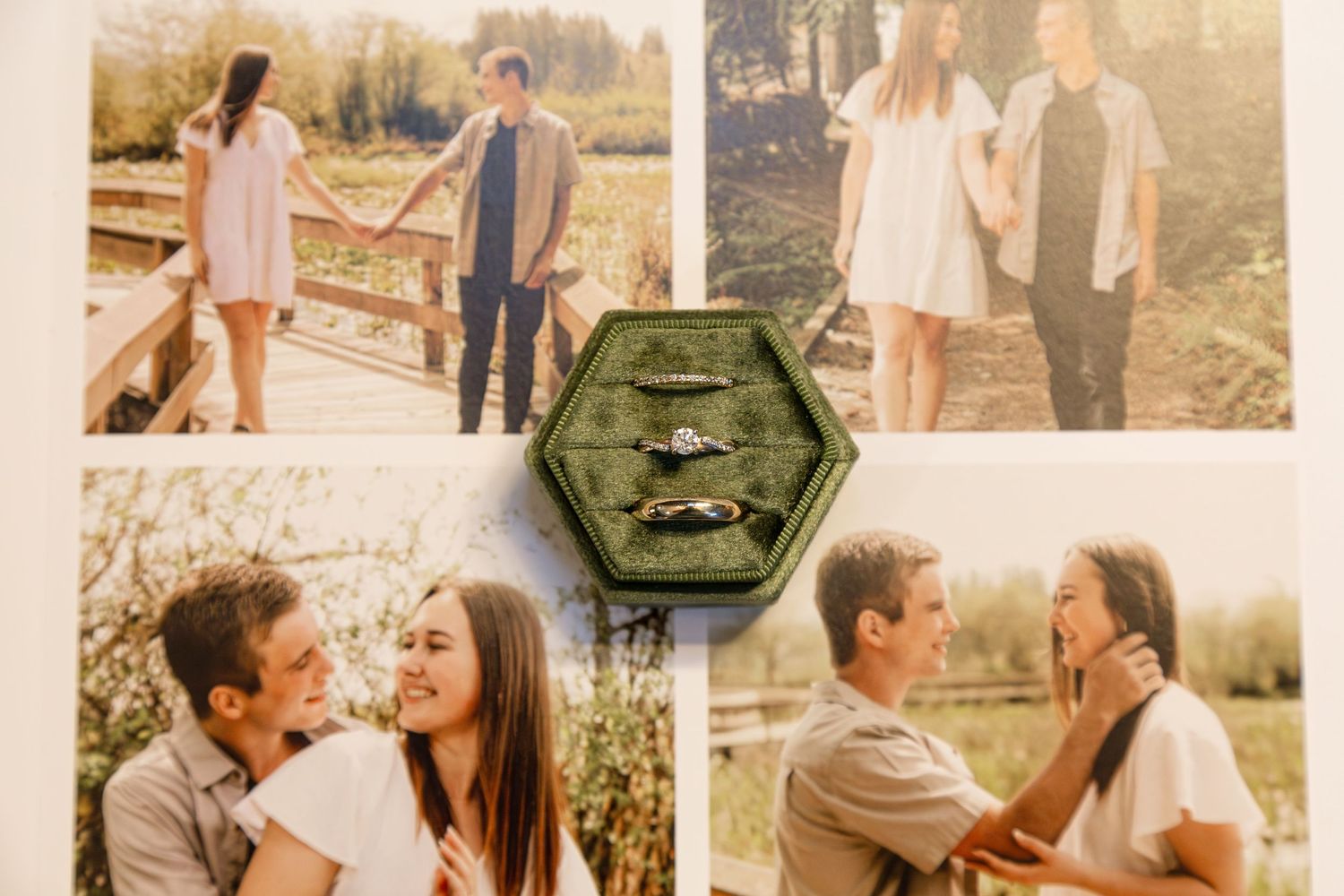 Romantic engagement photo collage with couple posing outdoors, featuring a green hexagonal ring box with wedding rings.