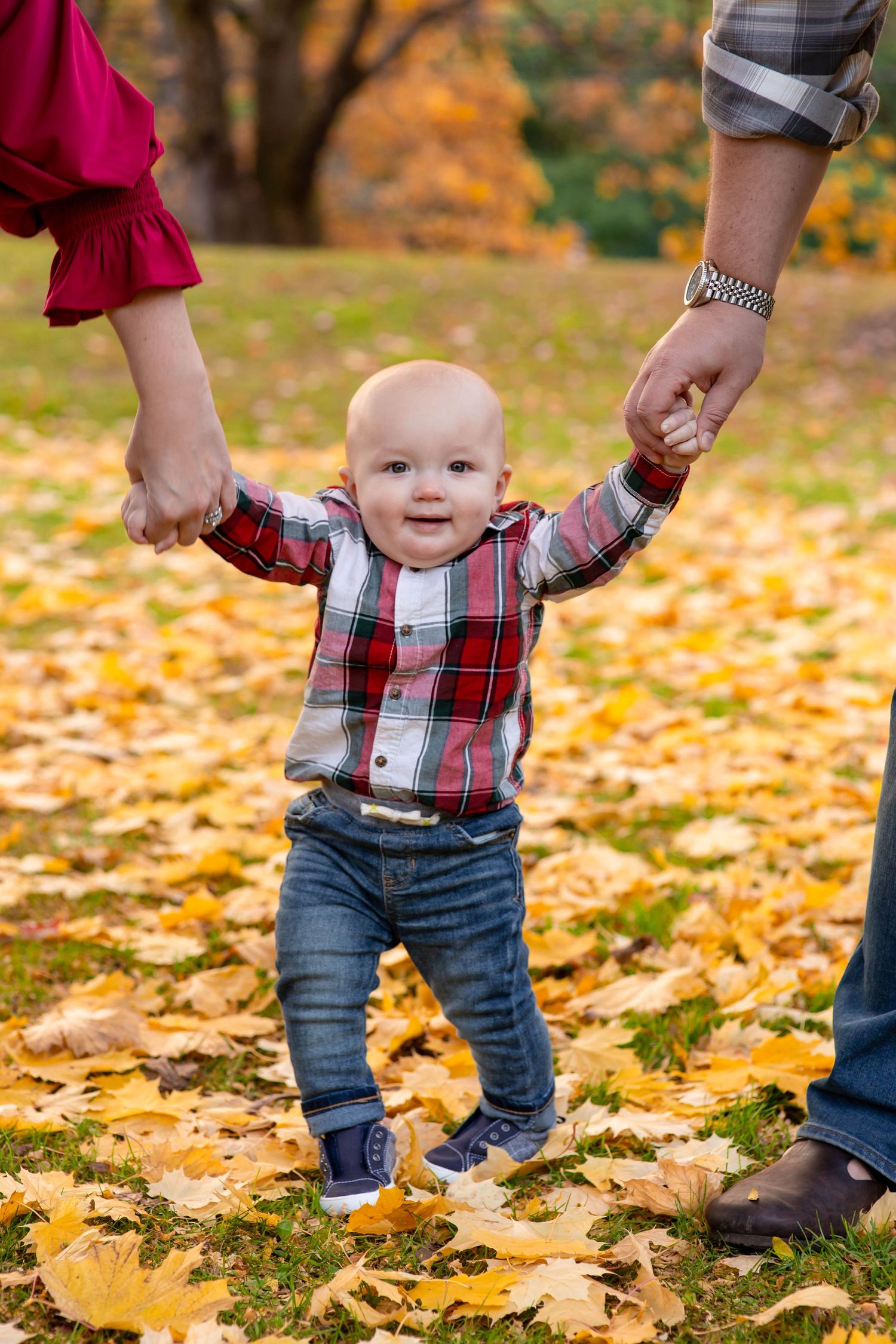 Baby in plaid shirt takes first steps holding parents hands on autumn leaves covered ground.