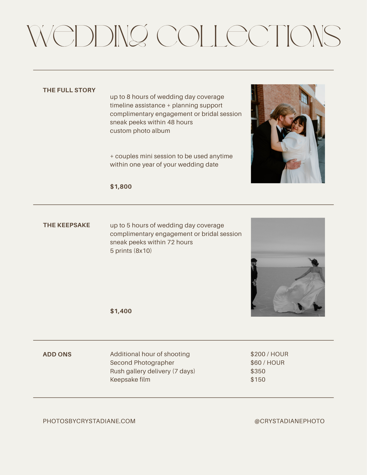 Utah wedding photography pricing sheet with wedding package collections and coverage options