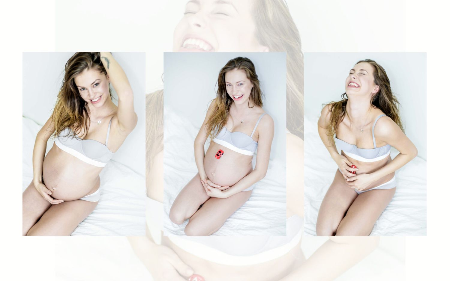 Collage of a smiling pregnant woman in white lingerie posing on a bright white background.