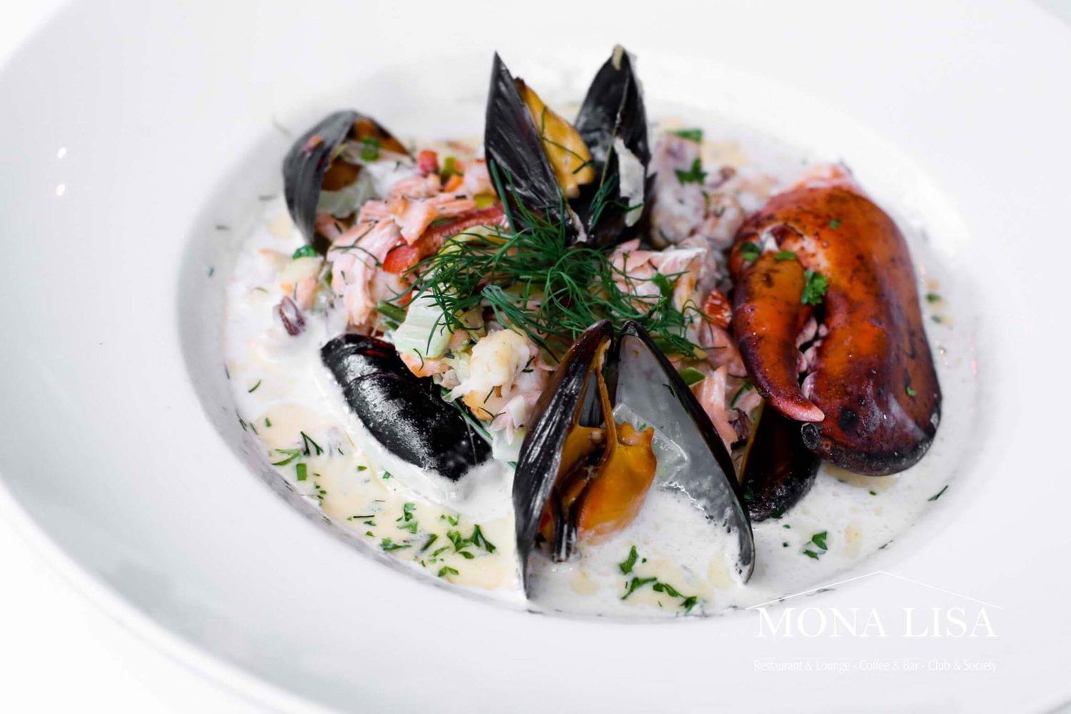 Gourmet white bowl filled with mussels, shrimp, and fresh dill in a creamy broth at Mona Lisa.