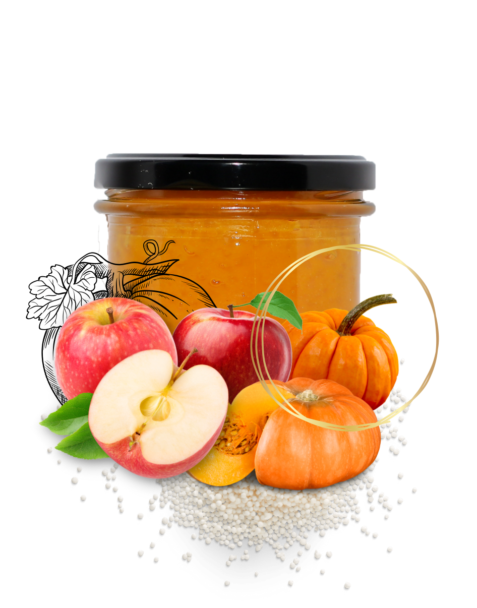 Glass jar of apple pumpkin jam surrounded by fresh apples, pumpkins, and chia seeds on white background.