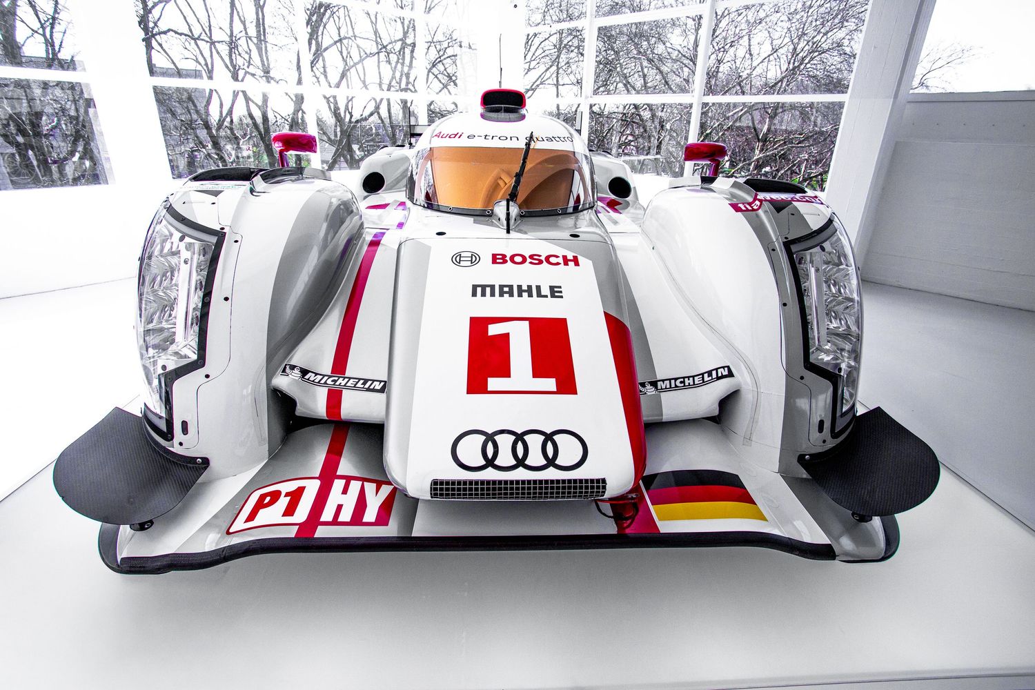 Front view of Audi R18 hybrid LMP1 race car number 1 with Bosch and Mahle sponsors.