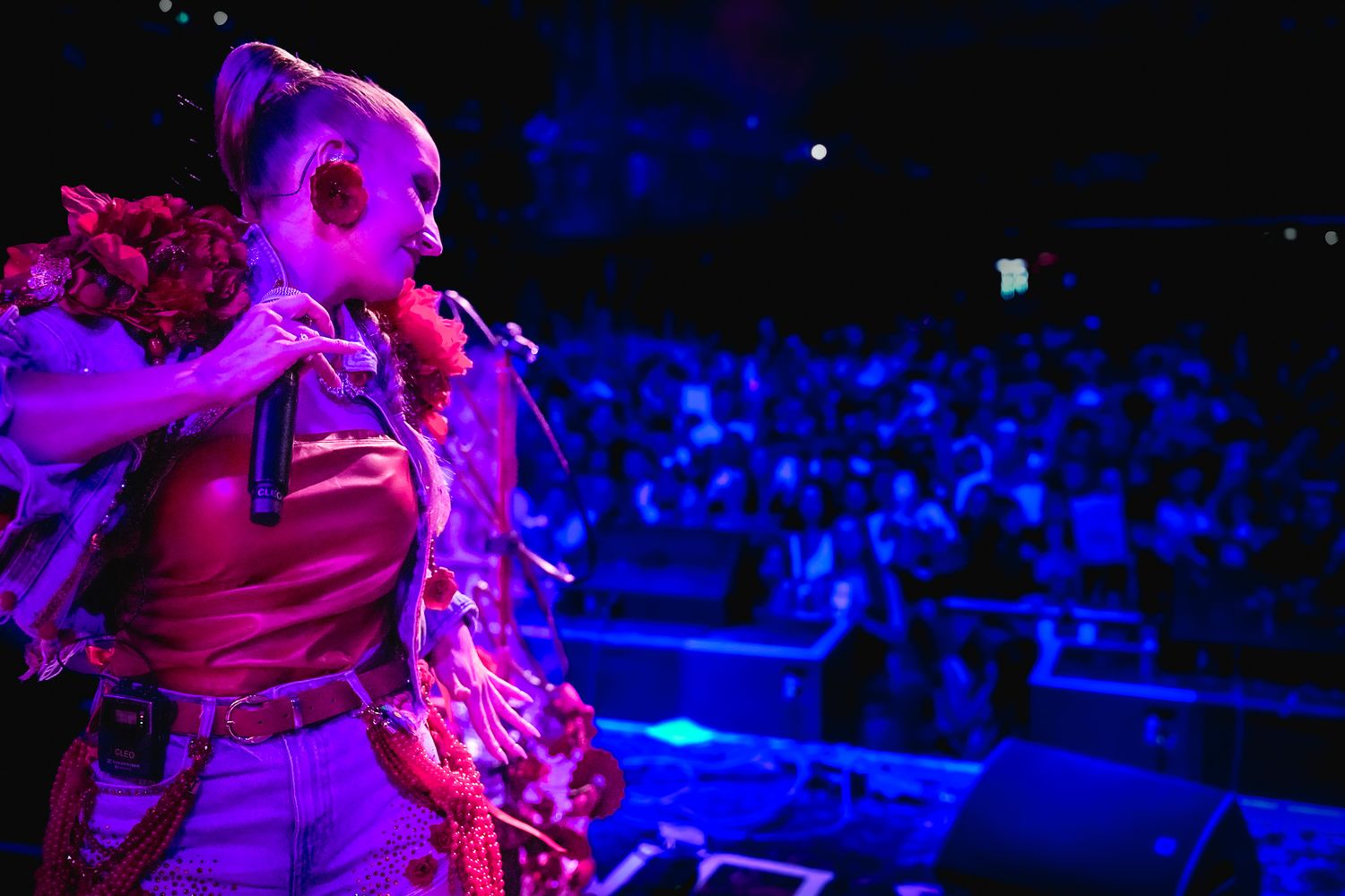 A female performer sings passionately on stage under purple lights before a large crowd at a live concert.