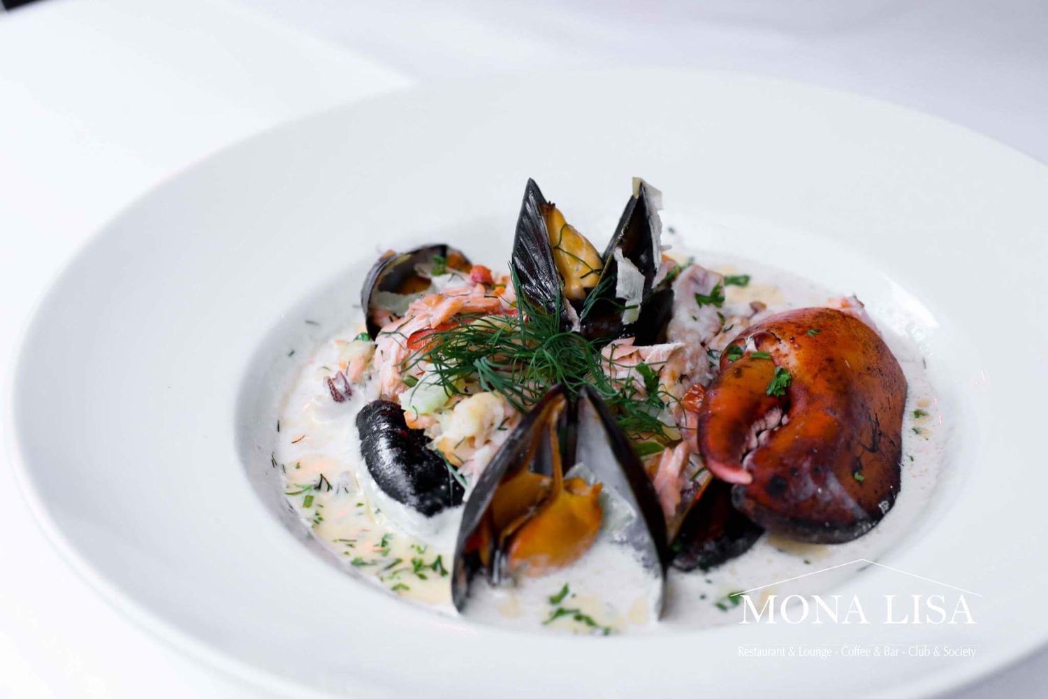 Close-up of a creamy seafood dish with mussels, octopus, and dill at Mona Lisa restaurant.