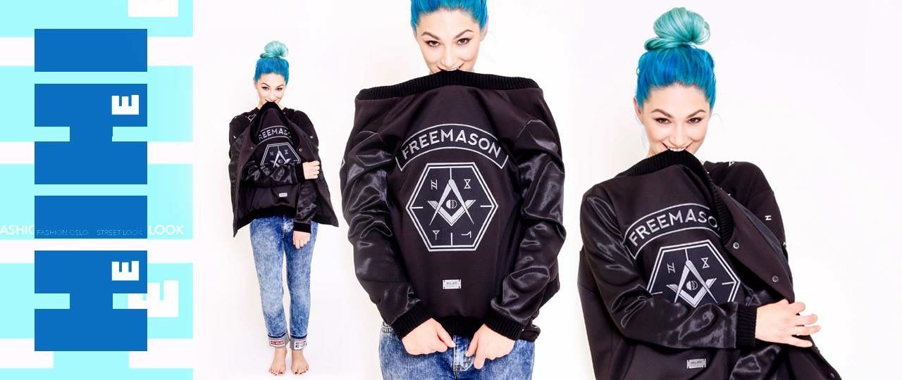 Model in black Freemason bomber jacket shown in triptych street fashion editorial.
