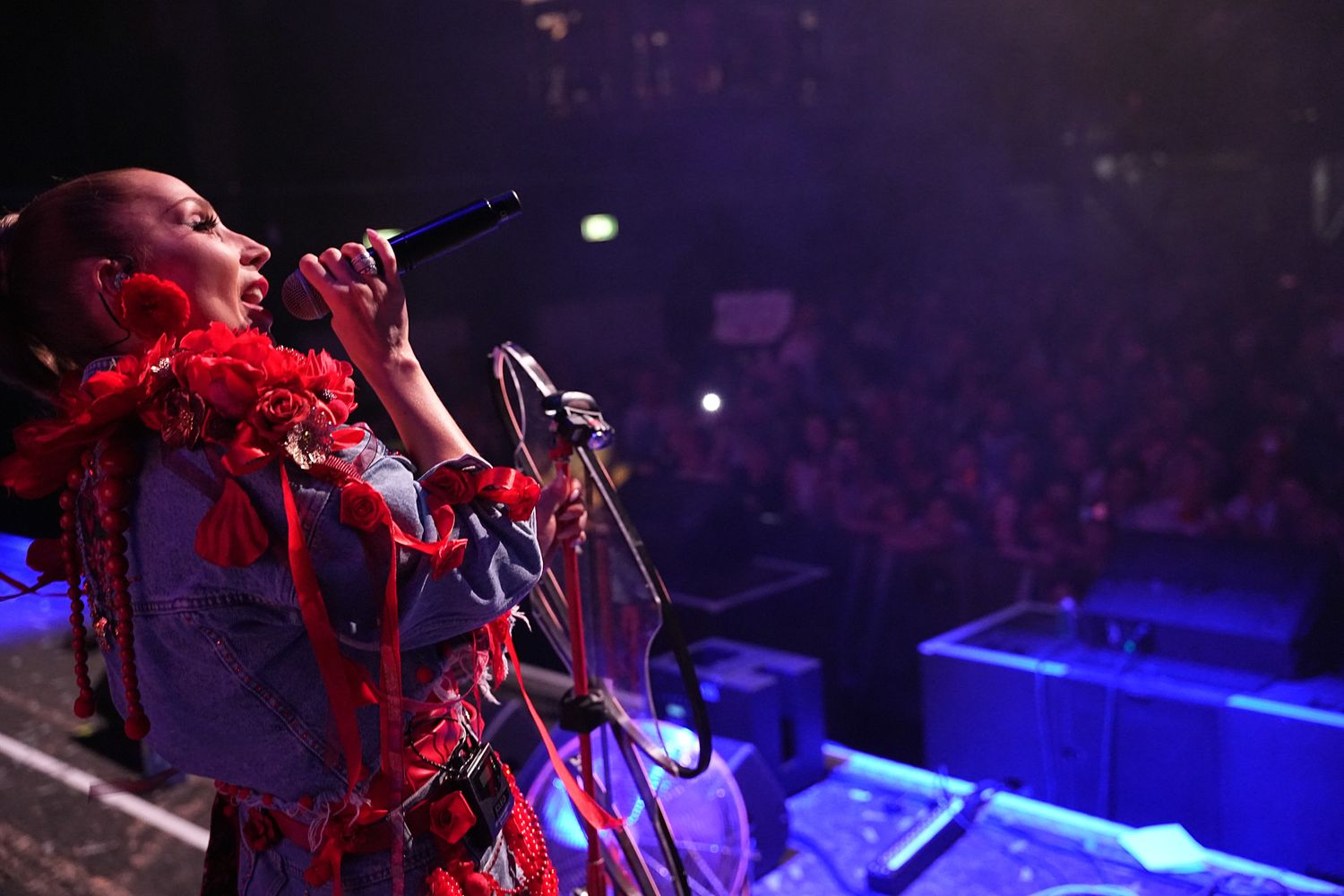Female singer performs on stage wearing red feathers before large crowd at night concert.