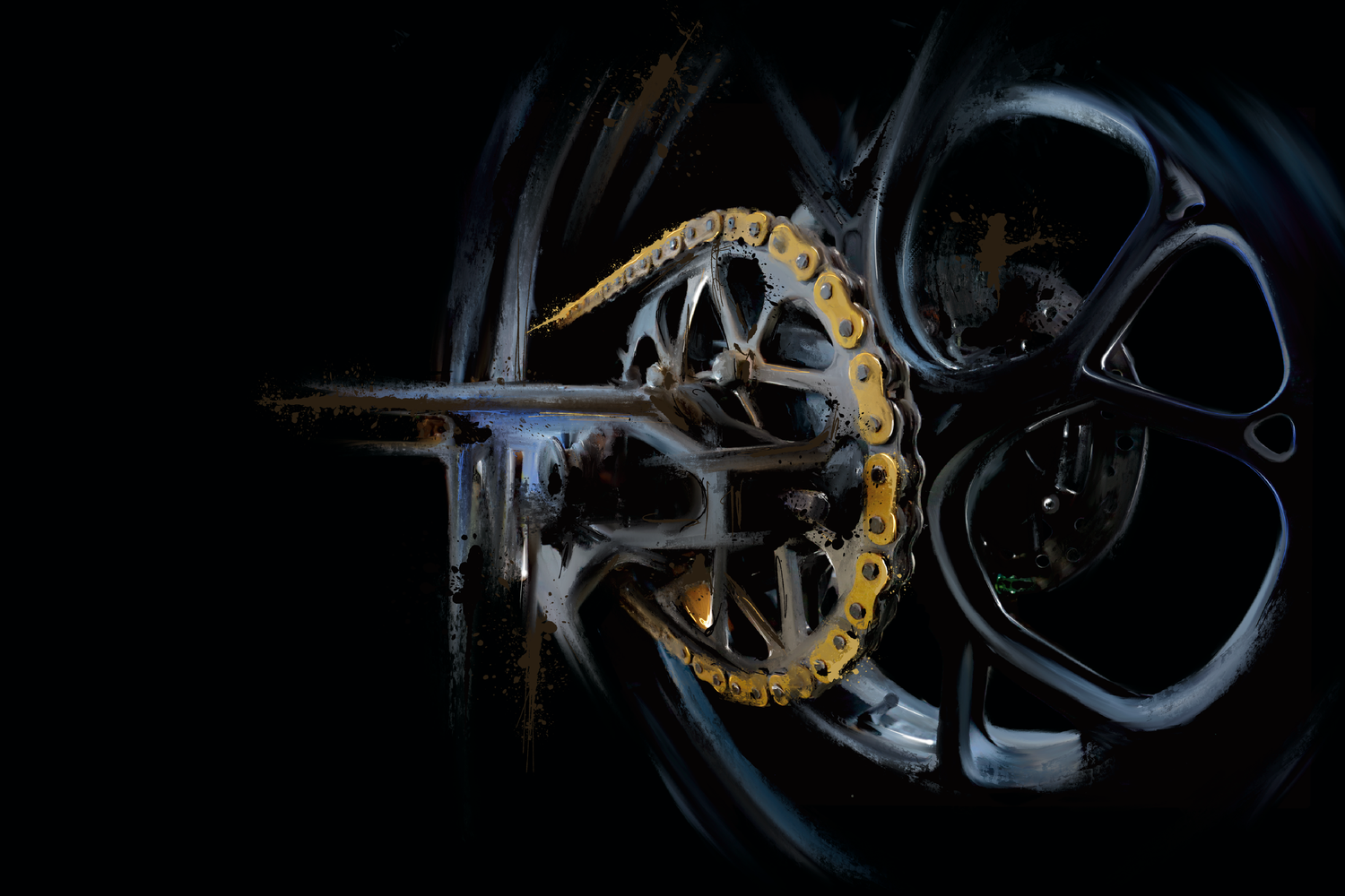 Close-up of a rusty bicycle chain and dark metal gear sprocket against a black background.