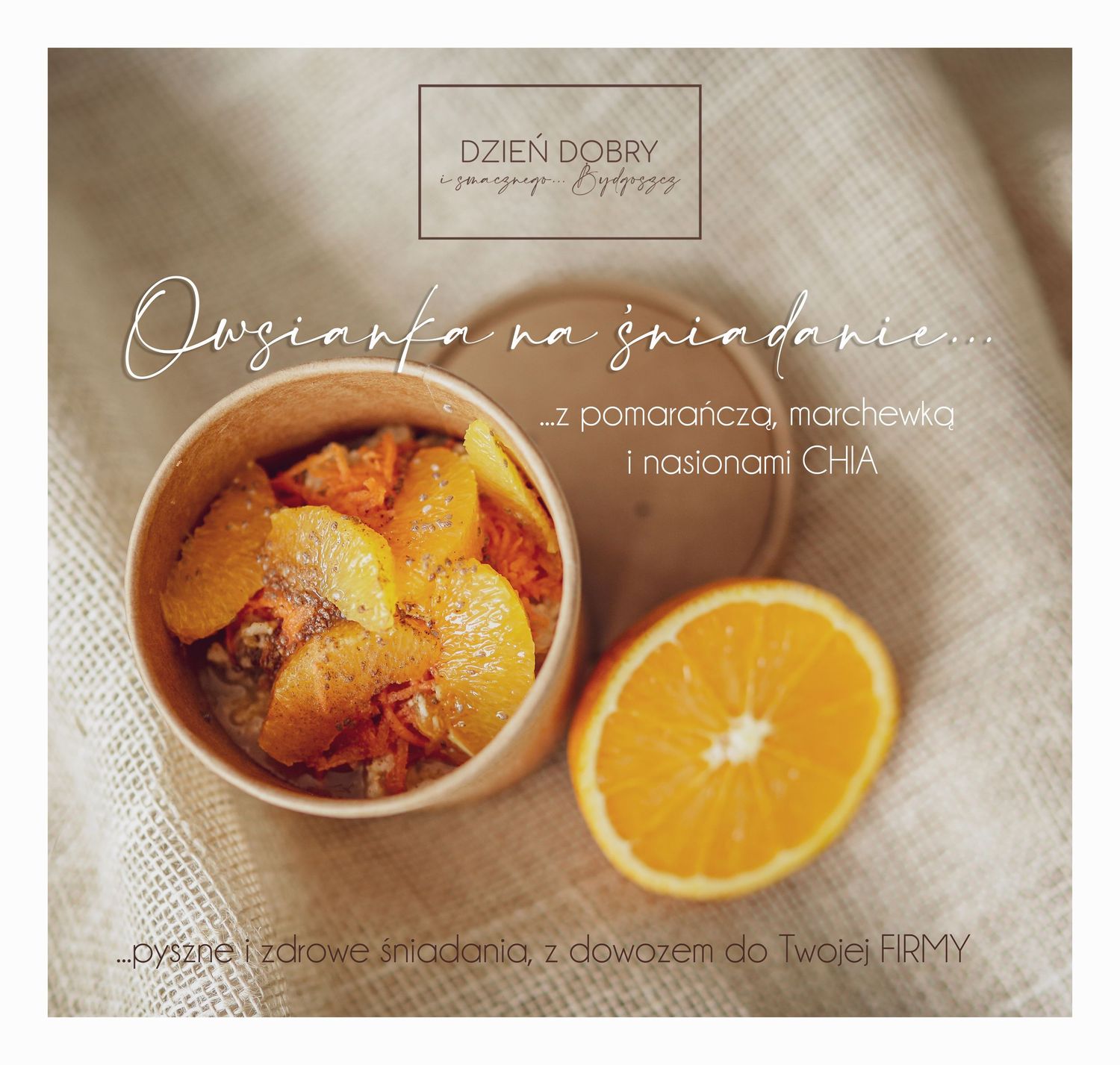 Bowl of oatmeal with orange slices and chia seeds beside a halved orange on a linen cloth.