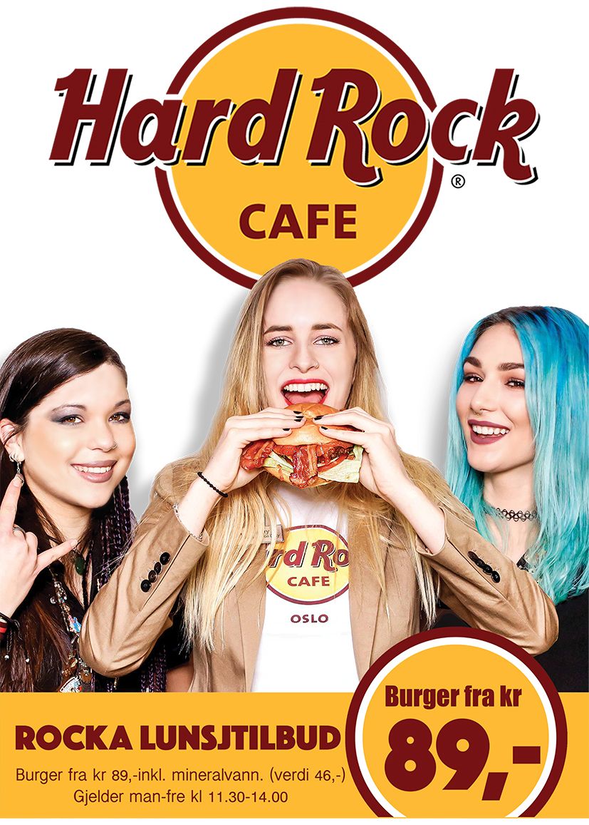 Three women enjoy burgers at Hard Rock Cafe Oslo promoting a rocka lunsjtilbud lunch special from kr 89.