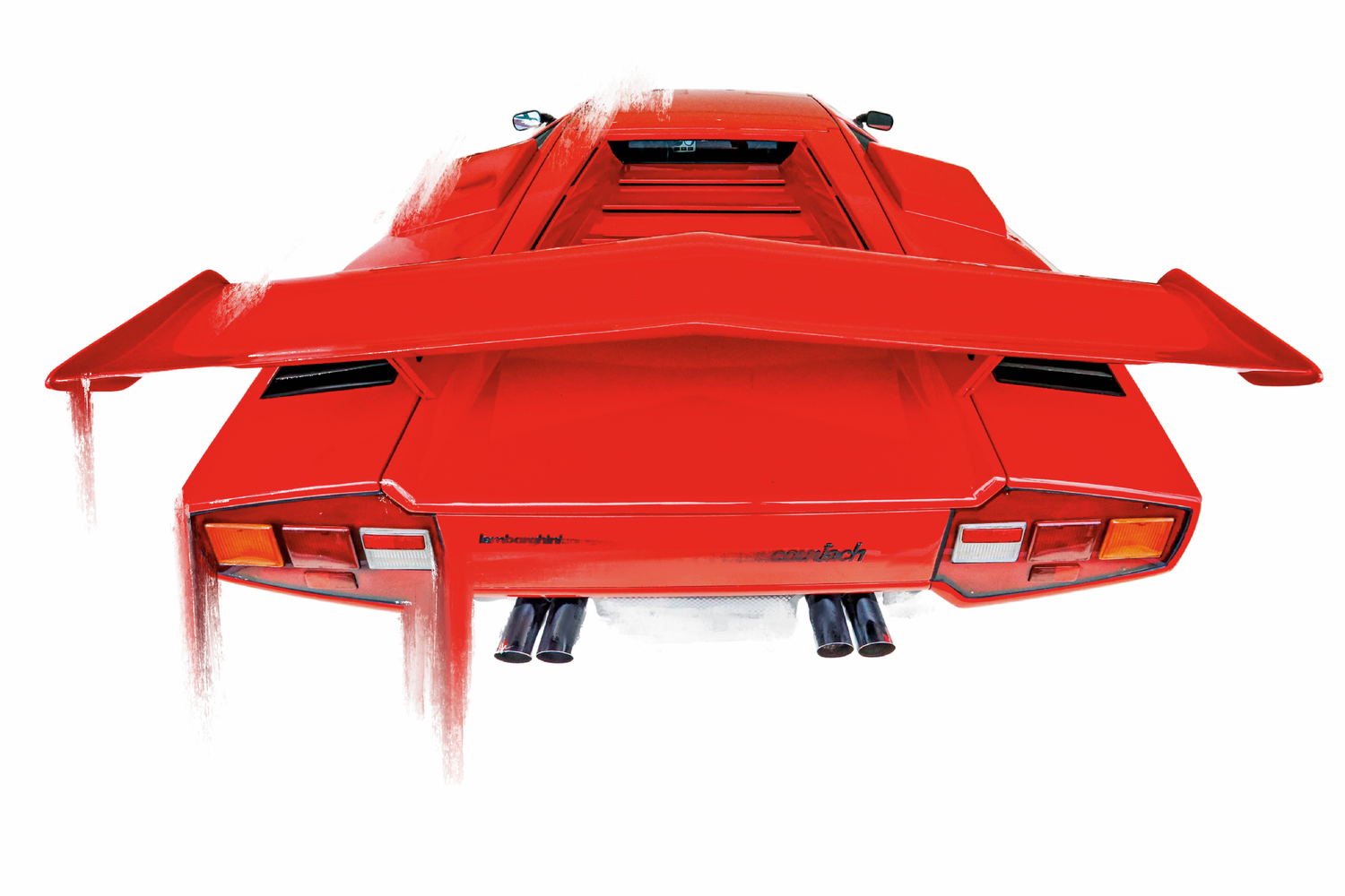 Rear view of a red Lamborghini Countach supercar with iconic angular bodywork and large rear wing on white background.