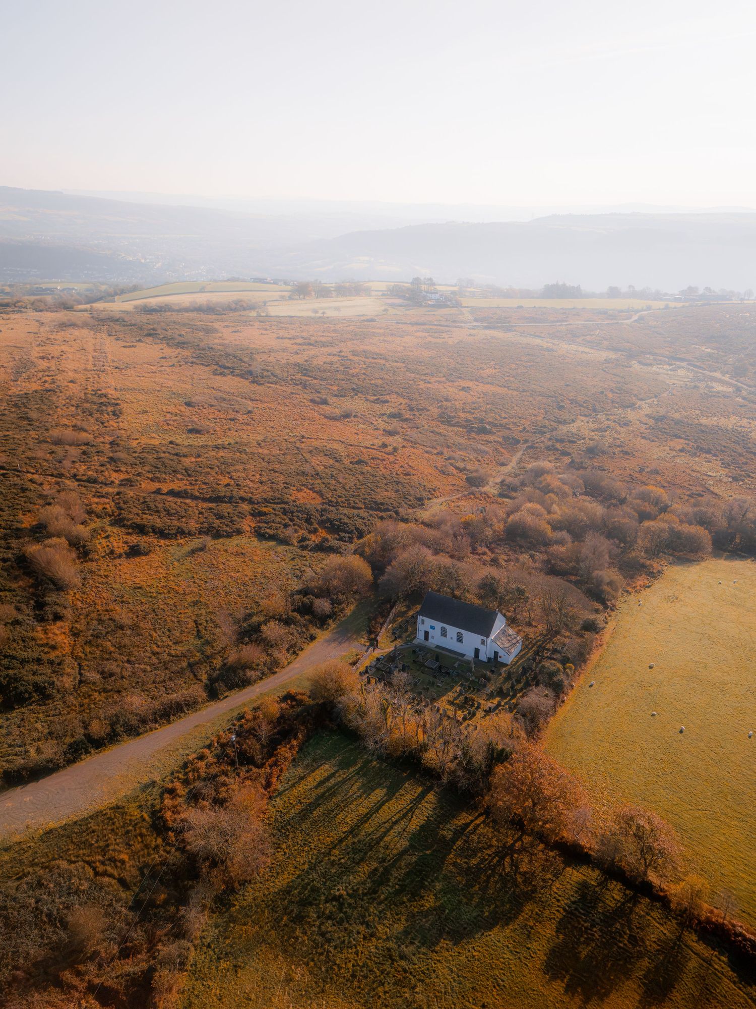 An aerial view of a rural landscape with a mix of green and golden fields, trees, and a small church, cast in soft, hazy sunlight.
