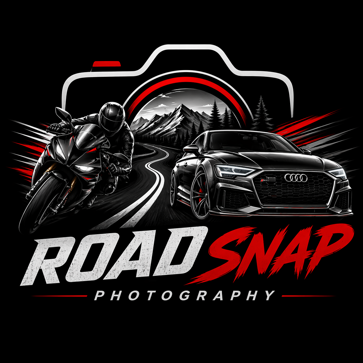 Road Snap Photography logo featuring a motorcycle, sports car, camera, and mountain road on a black background.