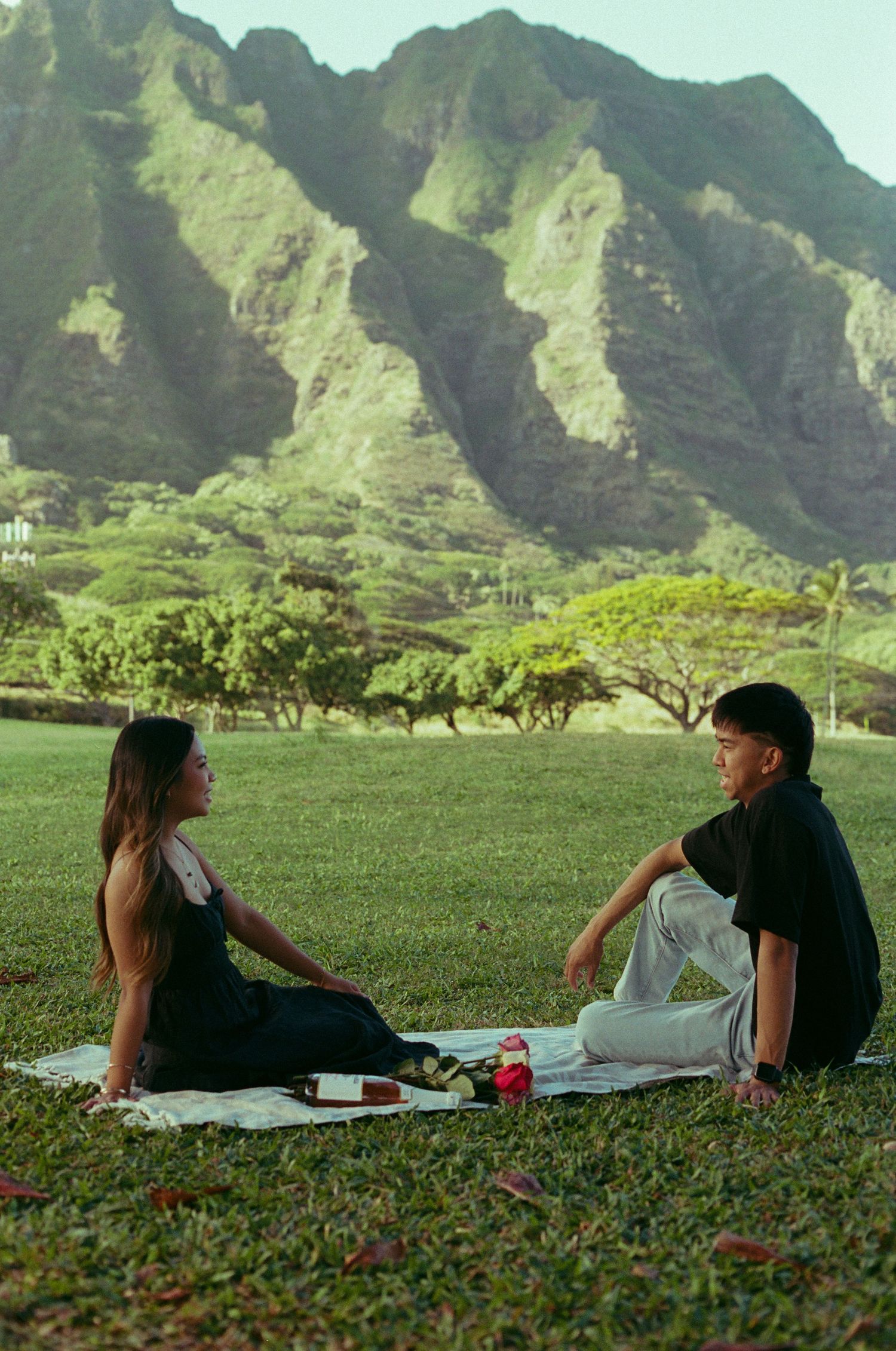 A couple sits facing each other on a picnic blanket with dramatic green mountains behind them.