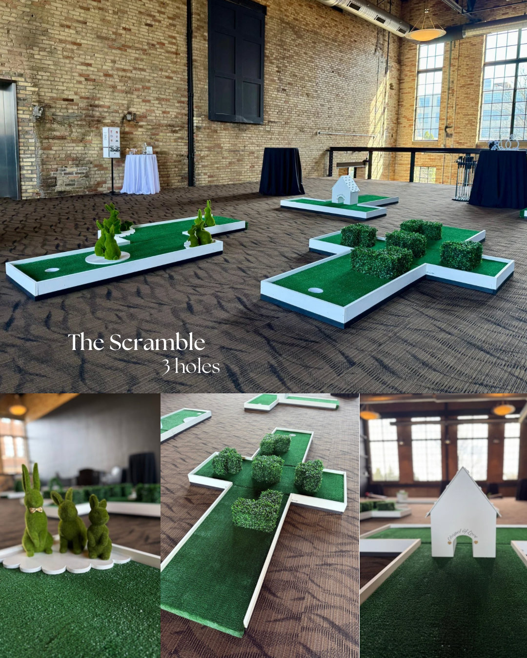 Cocktail Hour Wedding Reception Guest Entertainment Portable Mini Golf Putt Putt Golf Whimsical Garden Theme