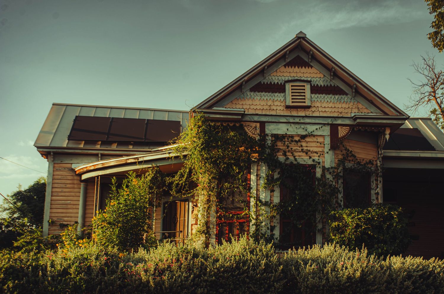 Overgrown abandoned Victorian cottage covered in climbing vines under a moody teal sky.