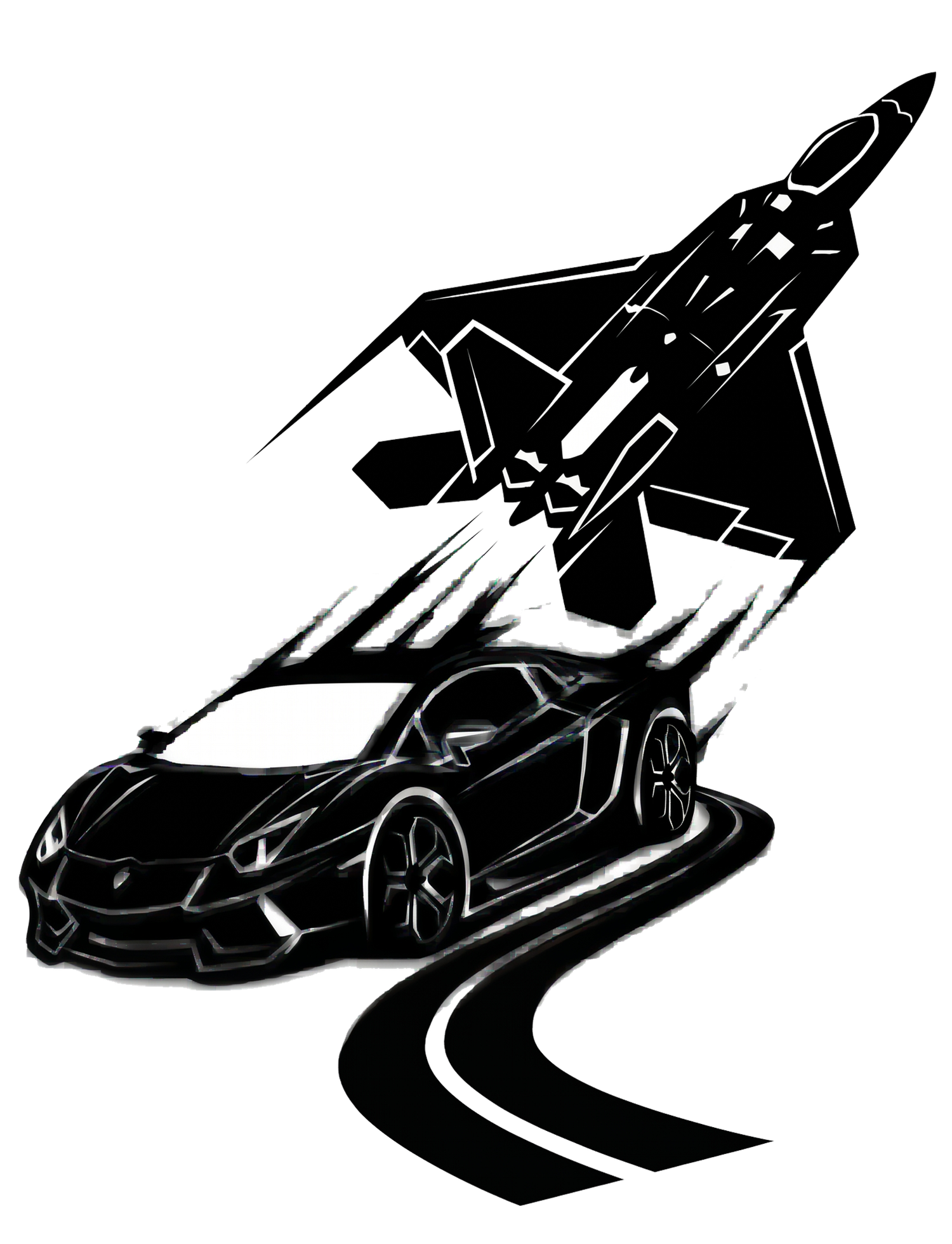 Black silhouette art of a Lamborghini sports car and fighter jet with dynamic speed lines on white background.