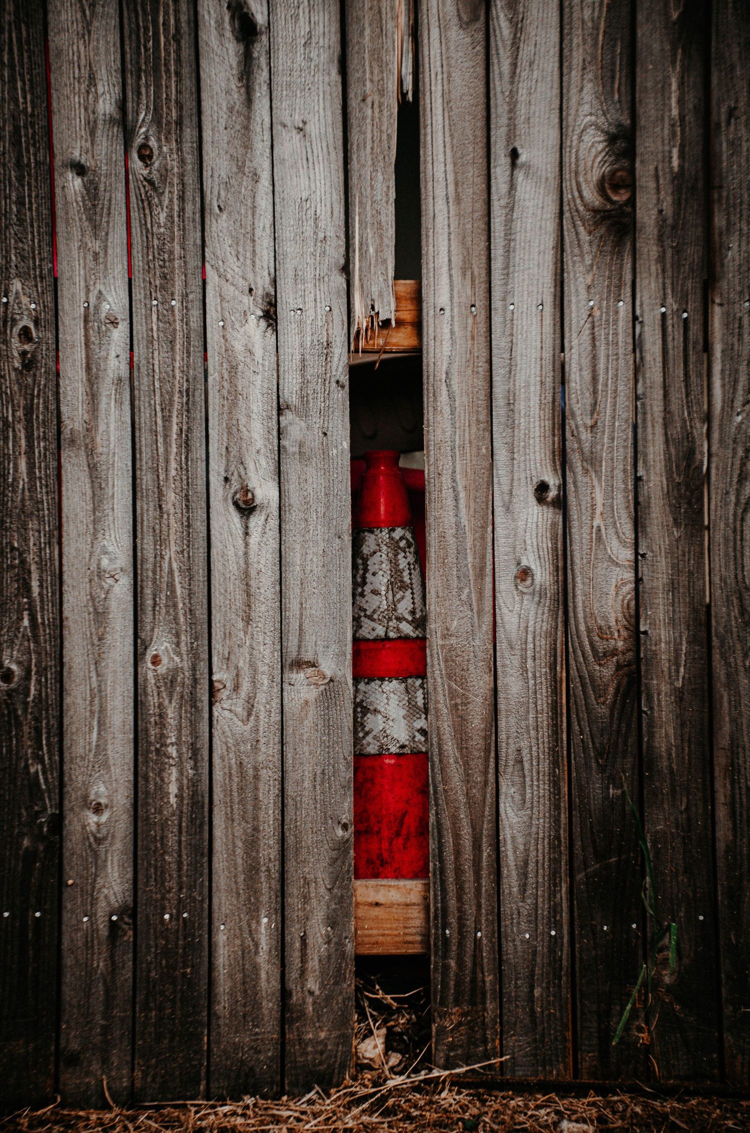 A weathered red and white traffic cone visible through a gap in gray wooden fence planks.