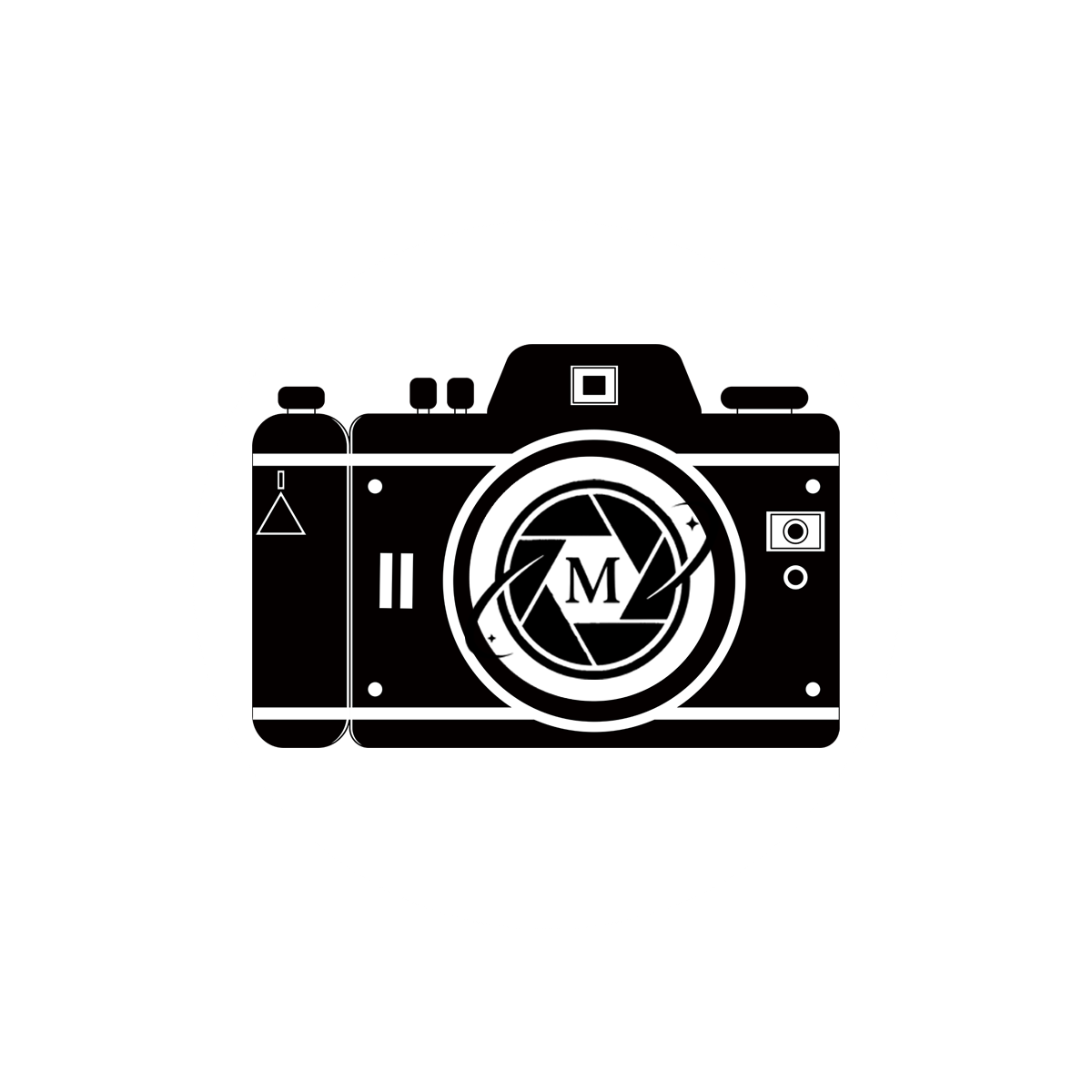 Black silhouette vintage camera logo with letter M on lens, minimalist photography studio icon design.