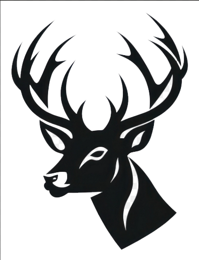 Bold black silhouette vector illustration of a buck deer head with large antlers on white.