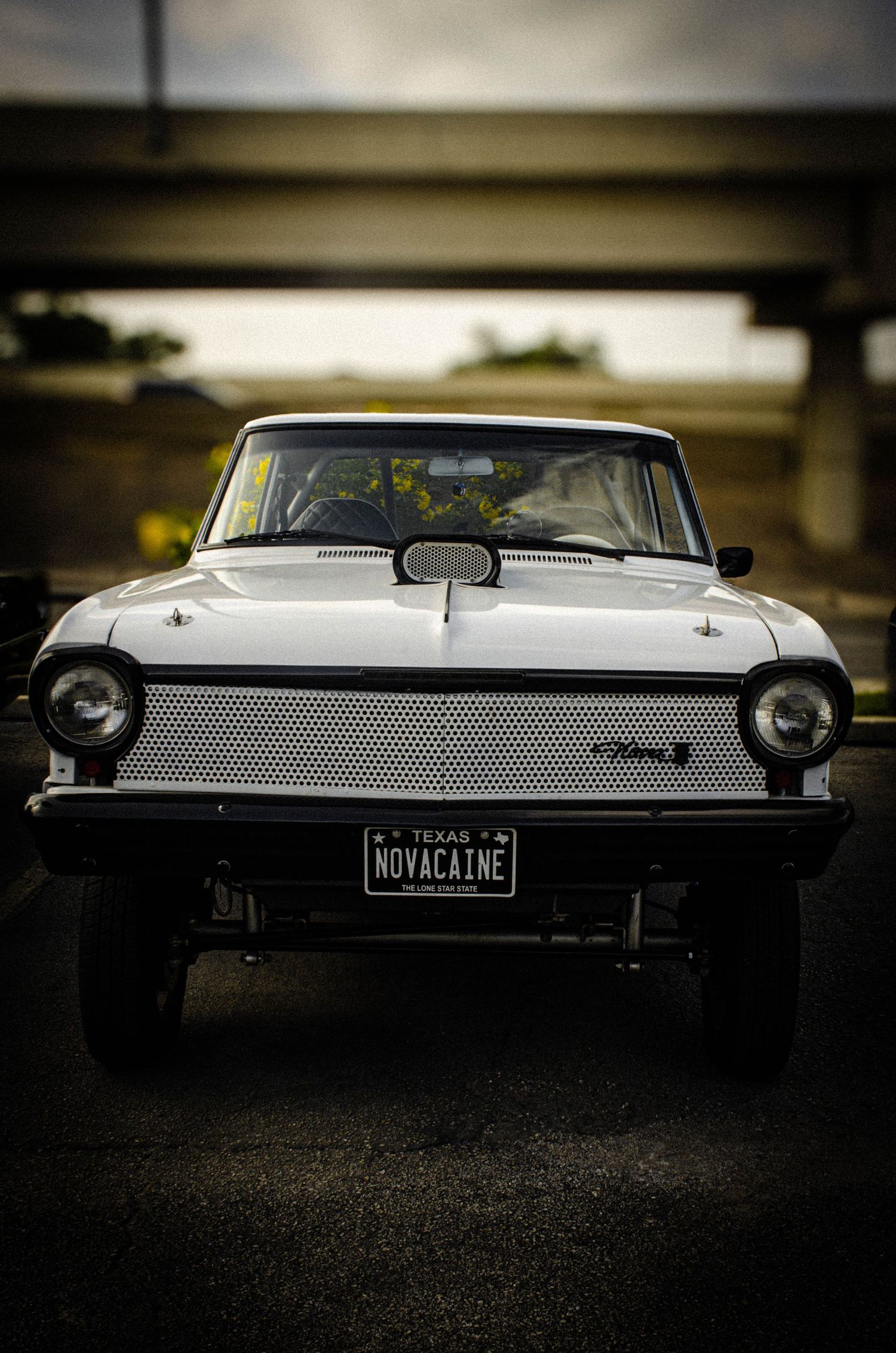 Vintage white classic car with Texas NOVACAINE license plate parked under a bridge overpass.