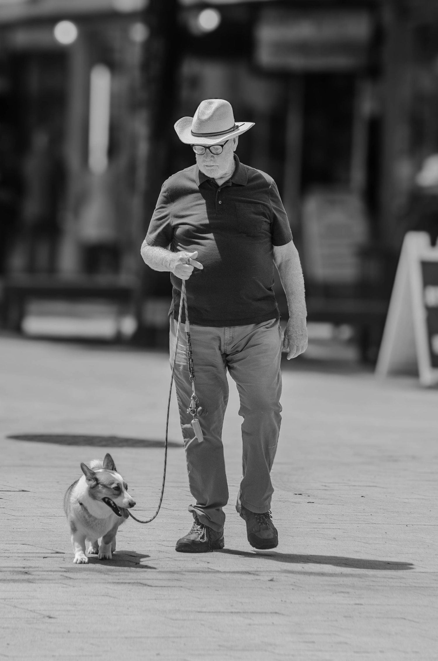 Black and white photo of elderly man in fedora hat walking small dog on leash in city street.